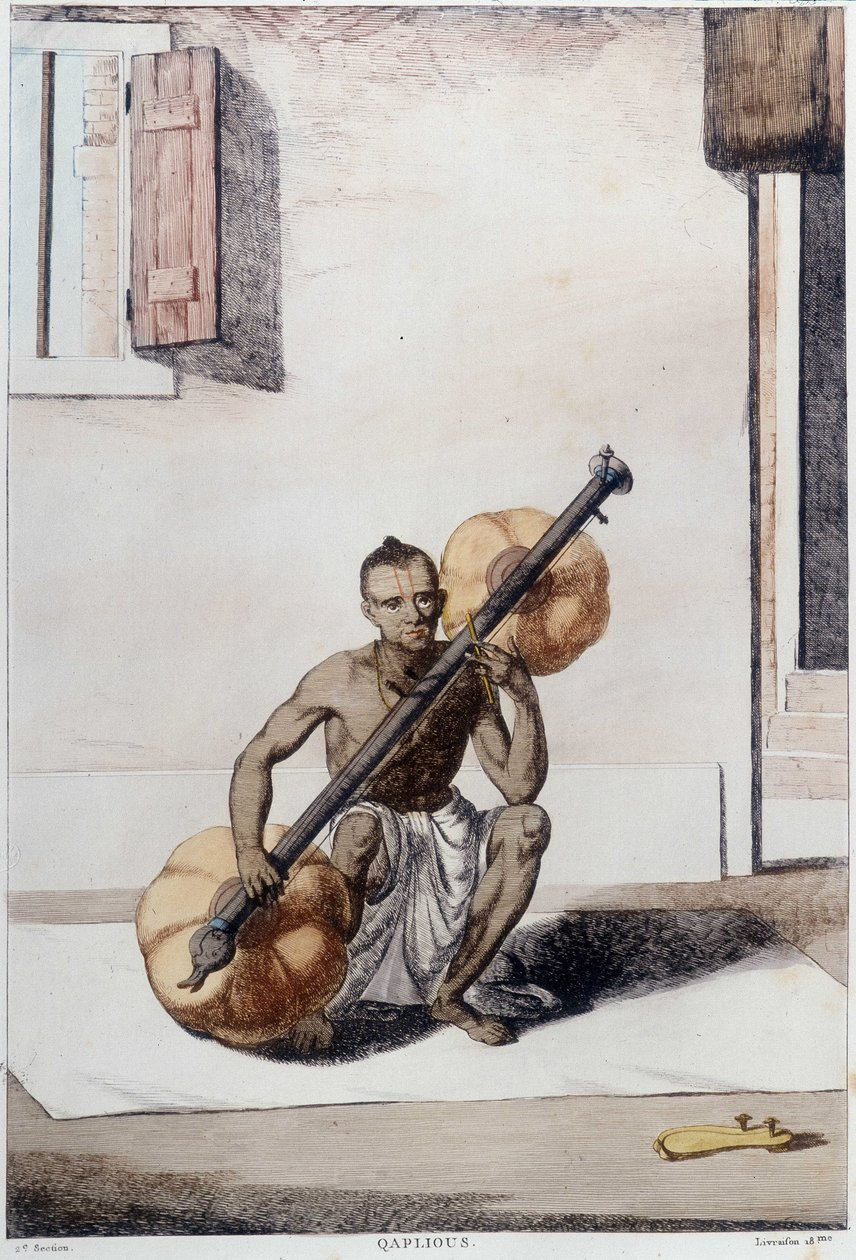 インドの文化・文明・社会：インドの伝統的な弦楽器を持つ音楽家。1808年に描かれたもの。 作： 無名の画家