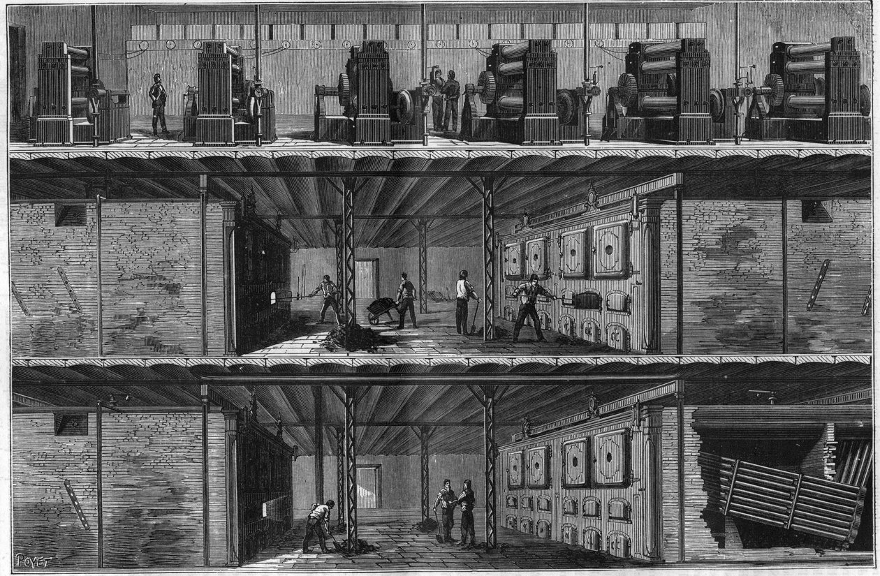1884年、ニューヨークのセントラル・エレクトリット・ディストリビューション・ステーション（エジソン・システム）にボイラーとスチーム・ダイナモを設置。 作： 無名の画家
