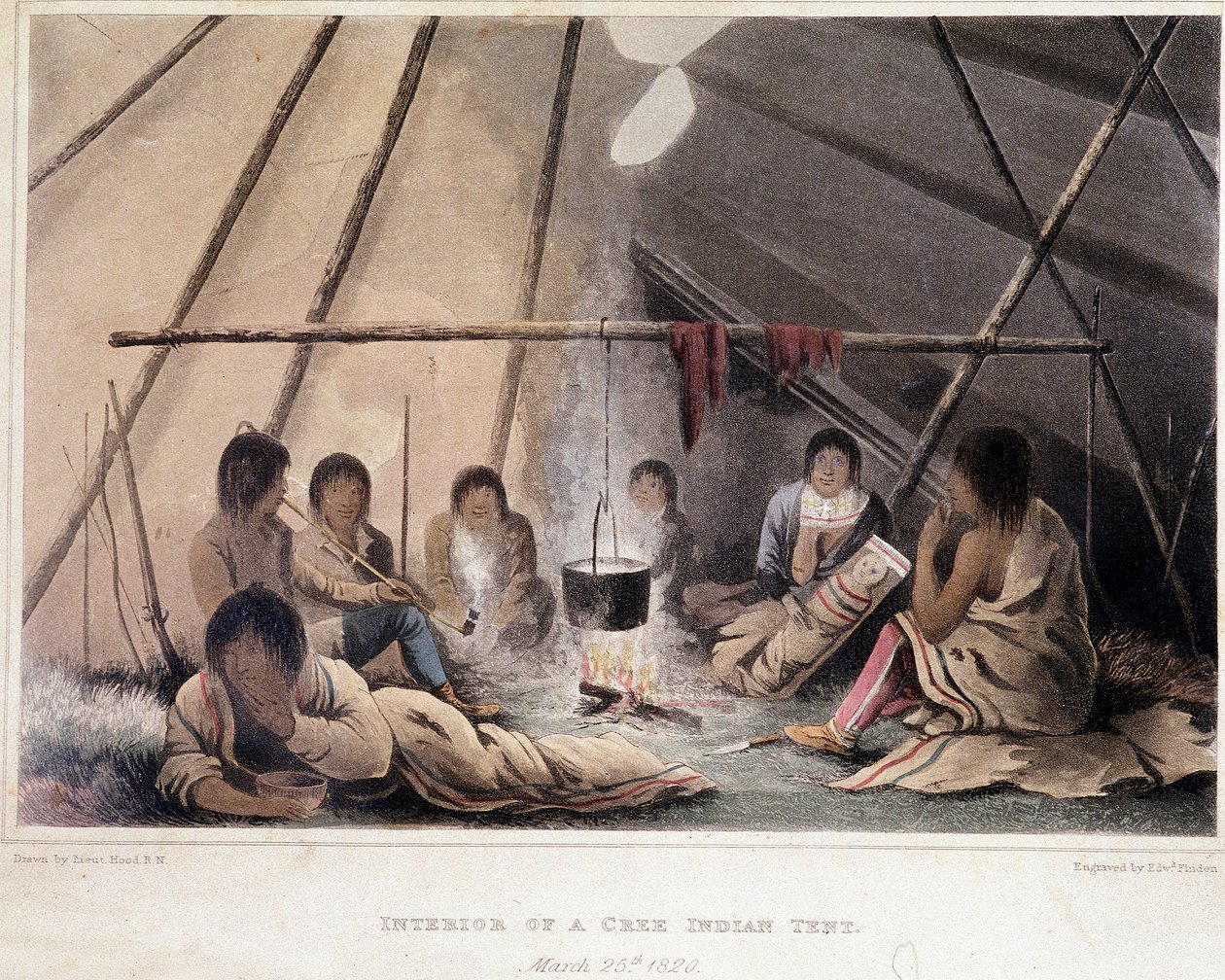 アメリカのインディアンのテントの間 - ジョン・フランクリン編「1819年から1821年にかけての極海沿岸への旅の物語」より。ロンドン 作： 無名の画家