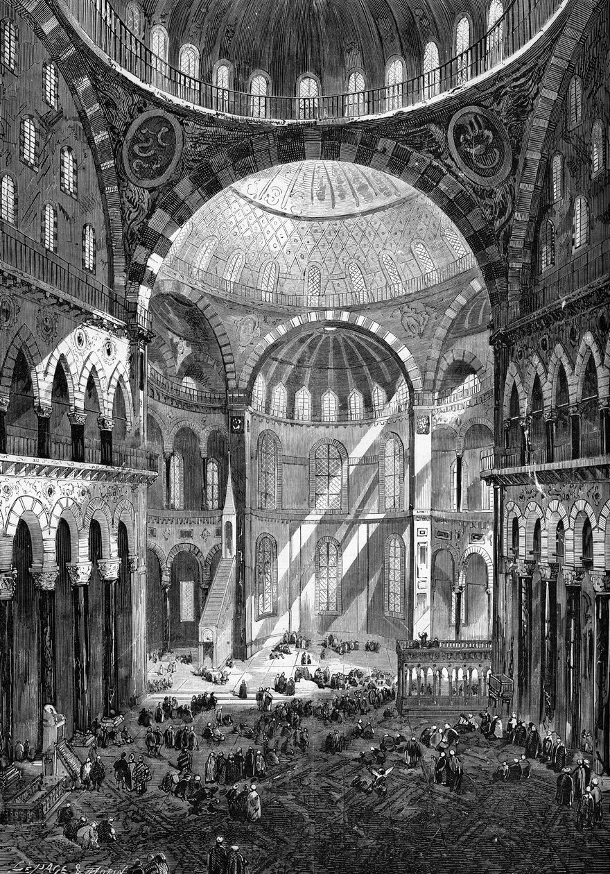 1858年、コンスタンティノープルの聖ソフィア・モスク（アヤソフィア）（6世紀のビザンチン美術）の内観。 作： 無名の画家