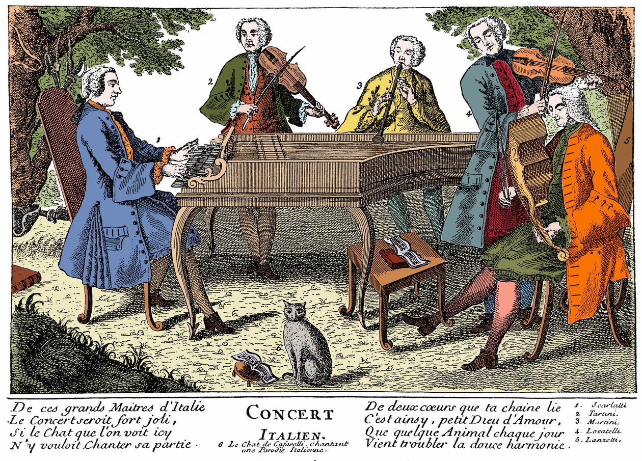 Italienisches Konzert (Barockmusik) mit 1. Scarlatti (Cembalo) - 2. Giuseppe Tartini (Violine) - 3. Padre Martini (Giovanni Battista) (Flöte) - 4. Locatelli (Violine) - 5. Lanzetti (Viola) - 6. Singende Katze. Gravur des 18. Jahrhunderts von Unknown artist