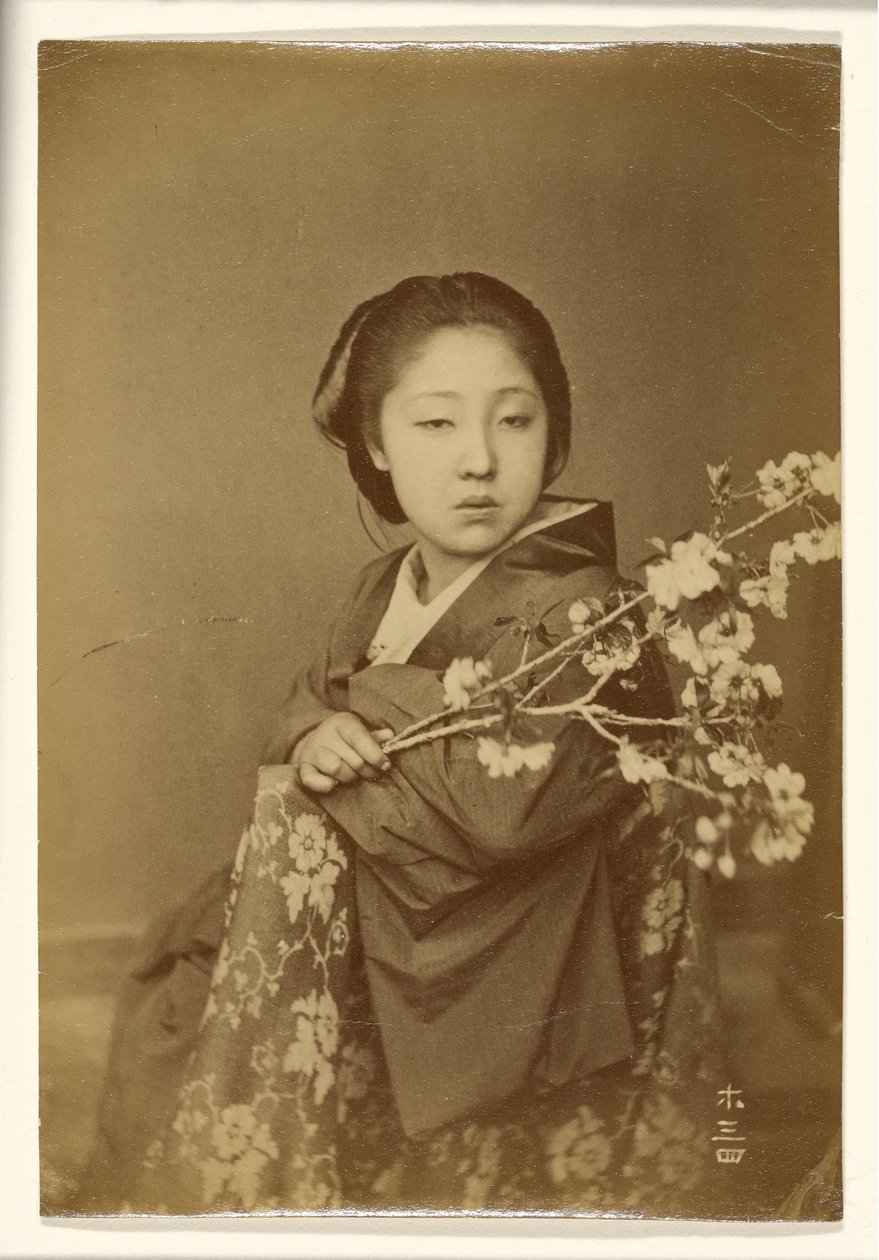 [サクラの枝を持つ日本人女性］ 作： 無名の画家