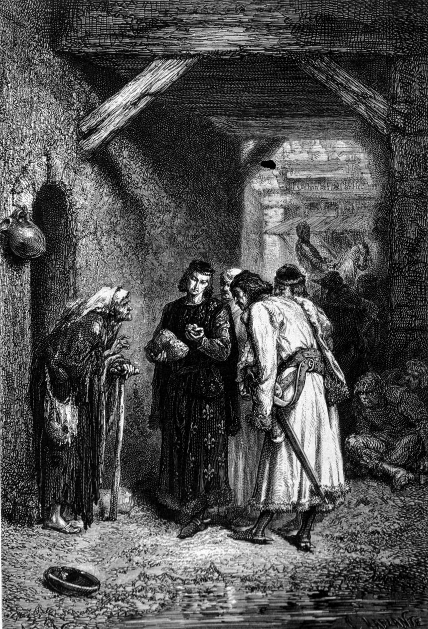 国王ルイ9世またはサン・ルイ（1214 - 1270）は、貧しい人々のパンを調べ、乾燥していることを発見します。 作： 無名の画家