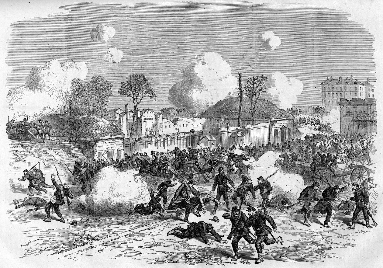 1871年のパリ・コミューン。フェデレ（コミューン）によるメイヨー門の防衛。 作： 無名の画家