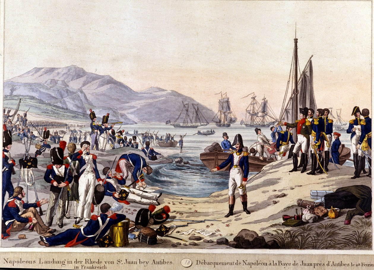 1815年、ナポレオン1世のアンティーブへの上陸。19世紀のエングレーヴィング。 作： 無名の画家