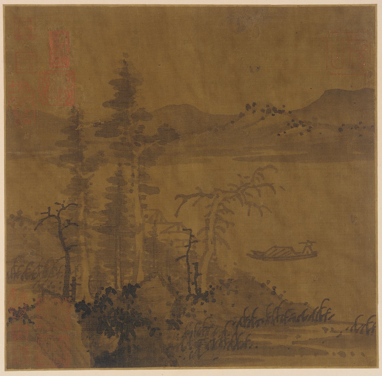 風景: 川と船、背の高い木々と遠くの丘 作： 無名の画家