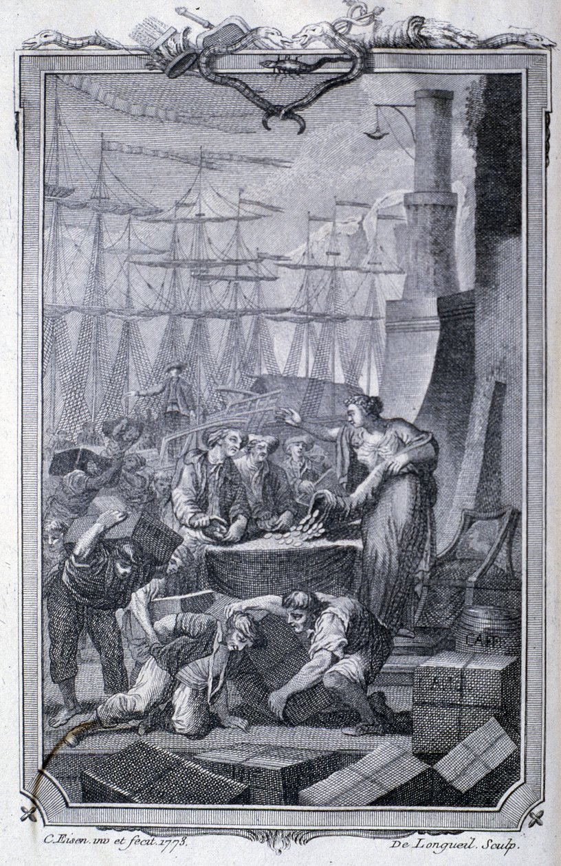 植民地との貿易（コーヒーを含む） - G.T.レイナル編「Philosophical and political settlements and trade of Europeans with the two Indies」にて。Raynal, ed. Pellet, Geneva 作： 無名の画家