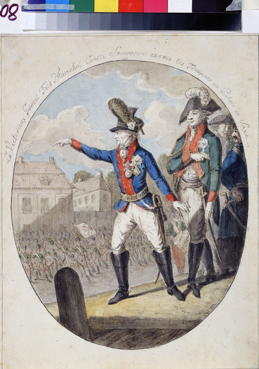 Feldmarschall Alexander Suworow inspiziert die Truppen vor dem Kurfürstenpalast in Sachsen, Warschau, 1794 von Unknown artist