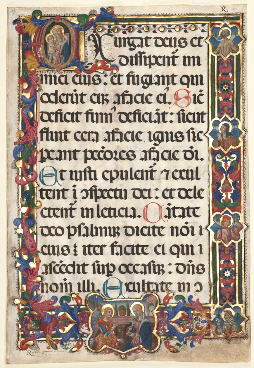 メダリオン (Annunciation、SS. Jerome、Clare、Sebastian、Bernardino) とヒストリエーテッド イニシャル (E): 聖母子 作： 無名の画家