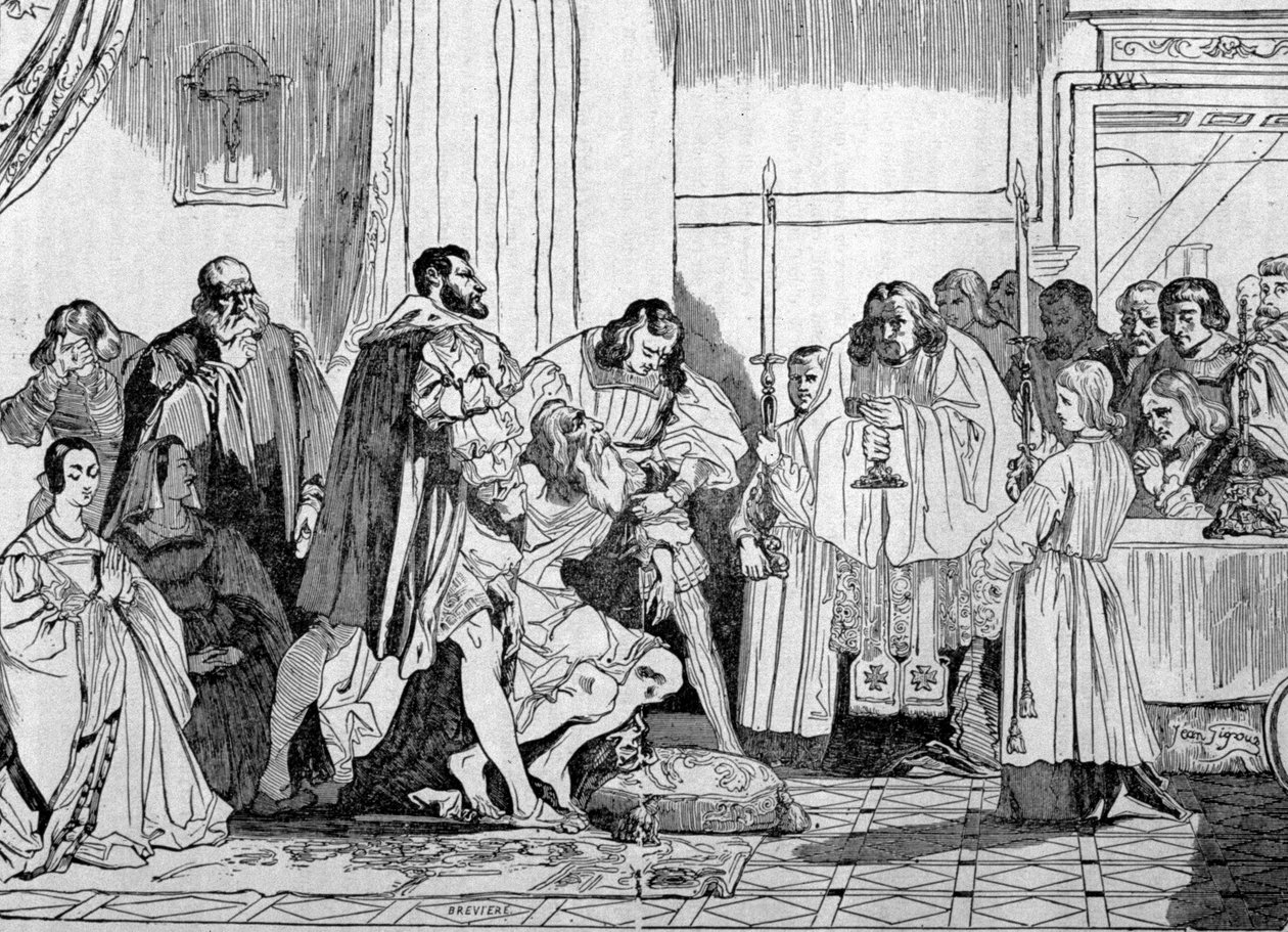 1519年、フランソワ1世（1494 - 1547）の腕の中で死ぬレオナルド・ダ・ヴィンチ（レオナルド・デ・ヴィンチ）、クロ・ルーチェでのエングレーヴィング。 作： 無名の画家