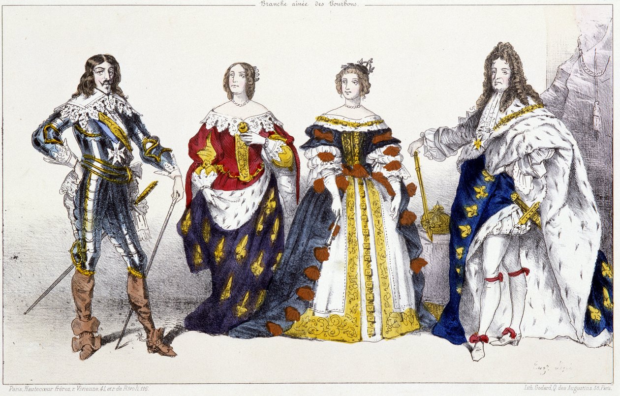 Les Bourbonsルイ13世（1601-1643）とアンヌ・ドートリッシュ（1601-1666）、マリー・テレーズ・ドートリッシュ（またはスペイン）（1638-1683）とルイ14世（1638-1715） - パリの版画に描かれたフランスの王と王妃から抜粋した図版。スウィフト 作： 無名の画家