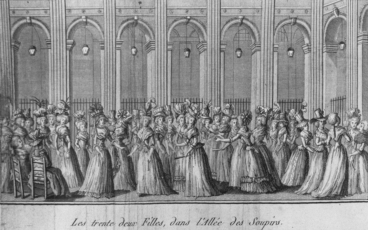 シピルスの通路にいる32人の少女たち-「Les filles du Palais Royal」第1巻のフロントピース、ed.Londonに掲載されています。 作： 無名の画家