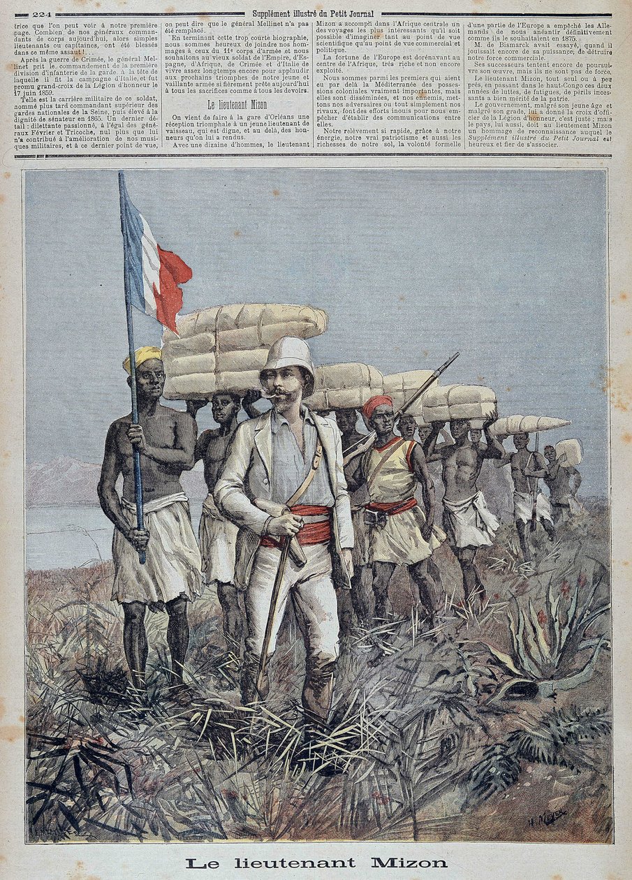 ミゾン中尉が中央アフリカの探検隊長に - 1892年9月7日付「Le petit journal」にて 作： 無名の画家