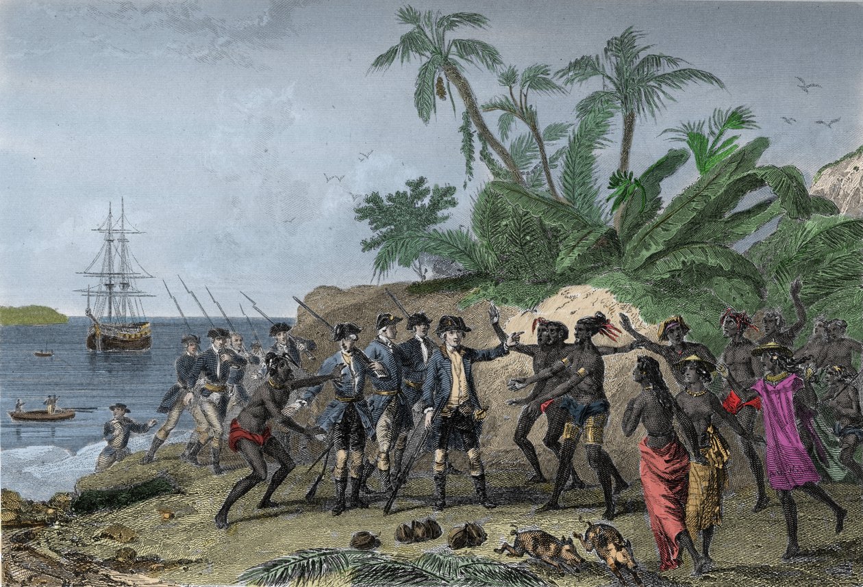ブーゲンビルのルイ・アントワーヌ（Louis-Antoine）、フランスの航海士（1729-1811）、タヒチのマルキーズ諸島で演説（4月6日 作： 無名の画家