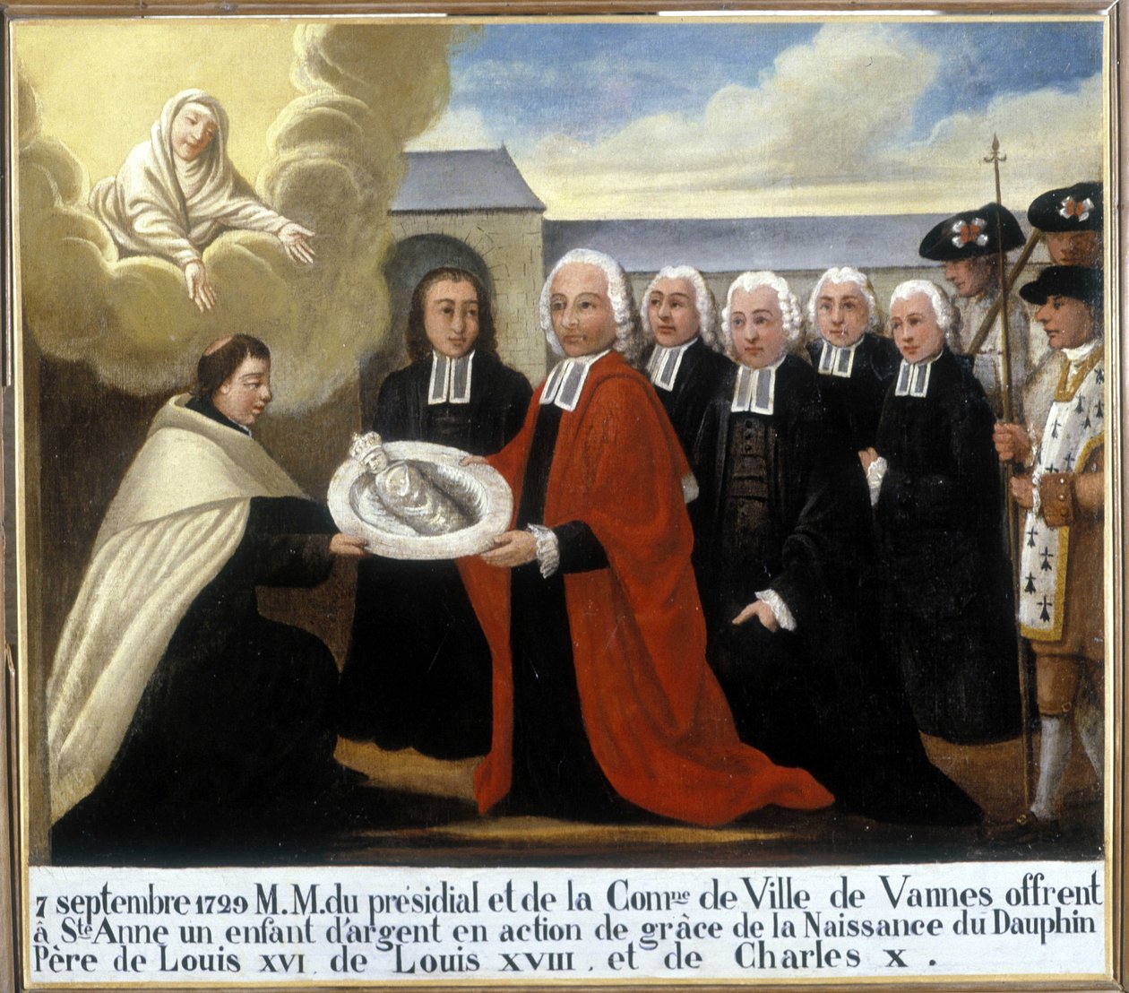 MM du Presidial et de la Commune de Vannes は、1729 年 9 月 7 日、イルカのルイ・ド・フランス (1729-1765) の誕生からの感謝の気持ちを込めて、聖アンナに銀色の子供を提供します - 元ヴォート聖アンヌ ドーレ 作： 無名の画家