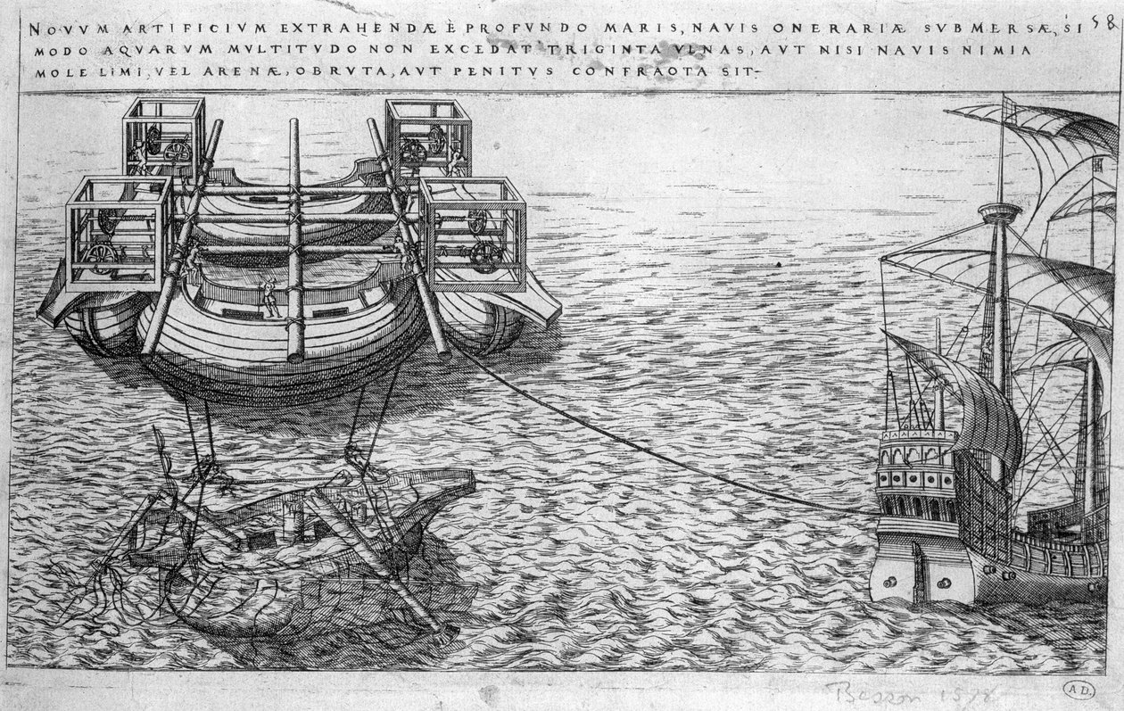 16世紀に作られた船のベイルアウト用機械 - ed. 1578 作： 無名の画家