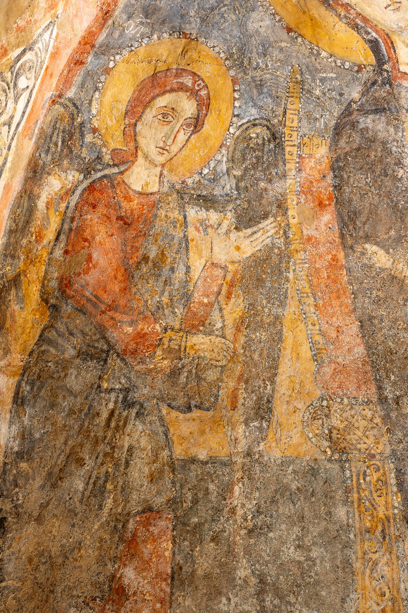 大天使の間の聖母子、左の大天使の詳細 作： 無名の画家