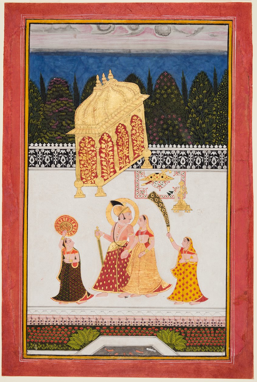 メーワールのマハラナ アリ シン II (r. 1761–73) とテラスでの配偶者 作： 無名の画家