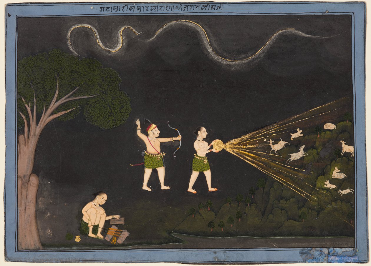 Mewar の Maharana Jagat Singh II (r. 1734–51) Bhil に扮し、夜に鹿を狩る 作： 無名の画家