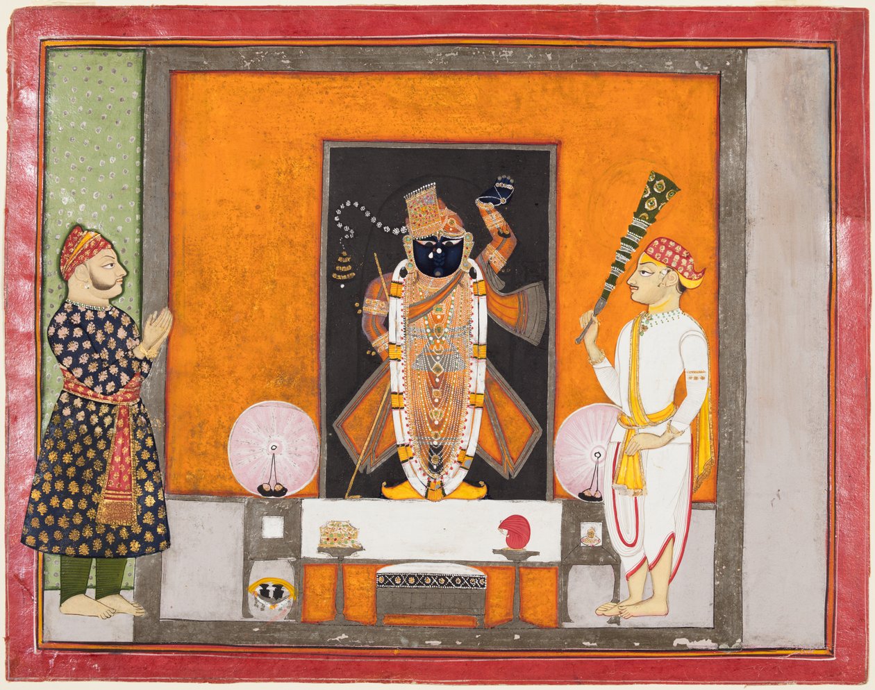 コタのマハラオ ラム シン II (r. 1828–66) が花婿として Brij Nathji を崇拝 作： 無名の画家