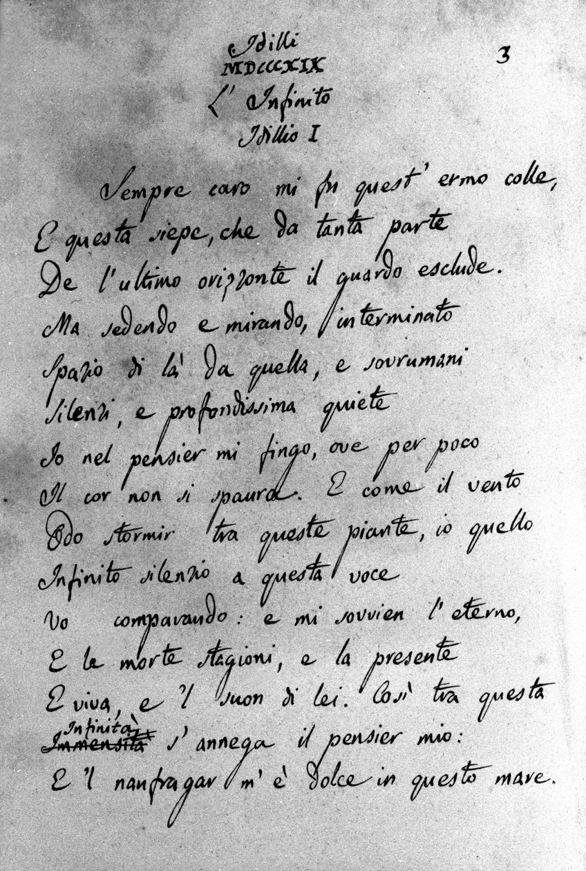 イタリアの詩人ジャコモ・レオパルディ(1798-1837)の「イディッリ」の手稿 19世紀 作： 無名の画家