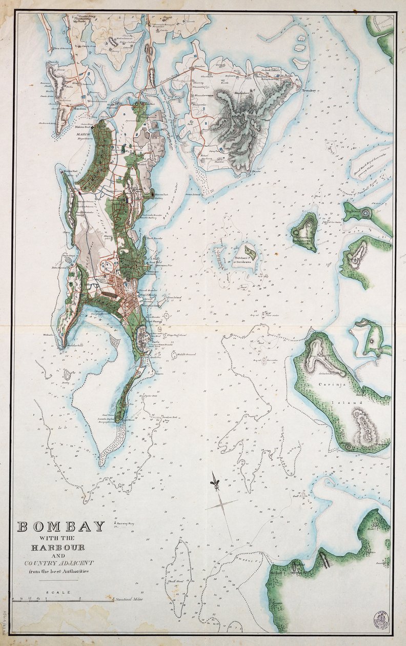 アラビア海とペルシャ湾も描かれたボンベイの港と隣接する田舎の地図、1855年頃（インク、水彩画） 作： 無名の画家