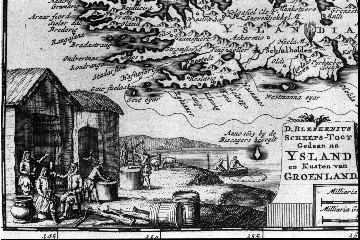 アイスランドの地図と住民の表現 - "現代の旅程と旅の地図" より 作： 無名の画家