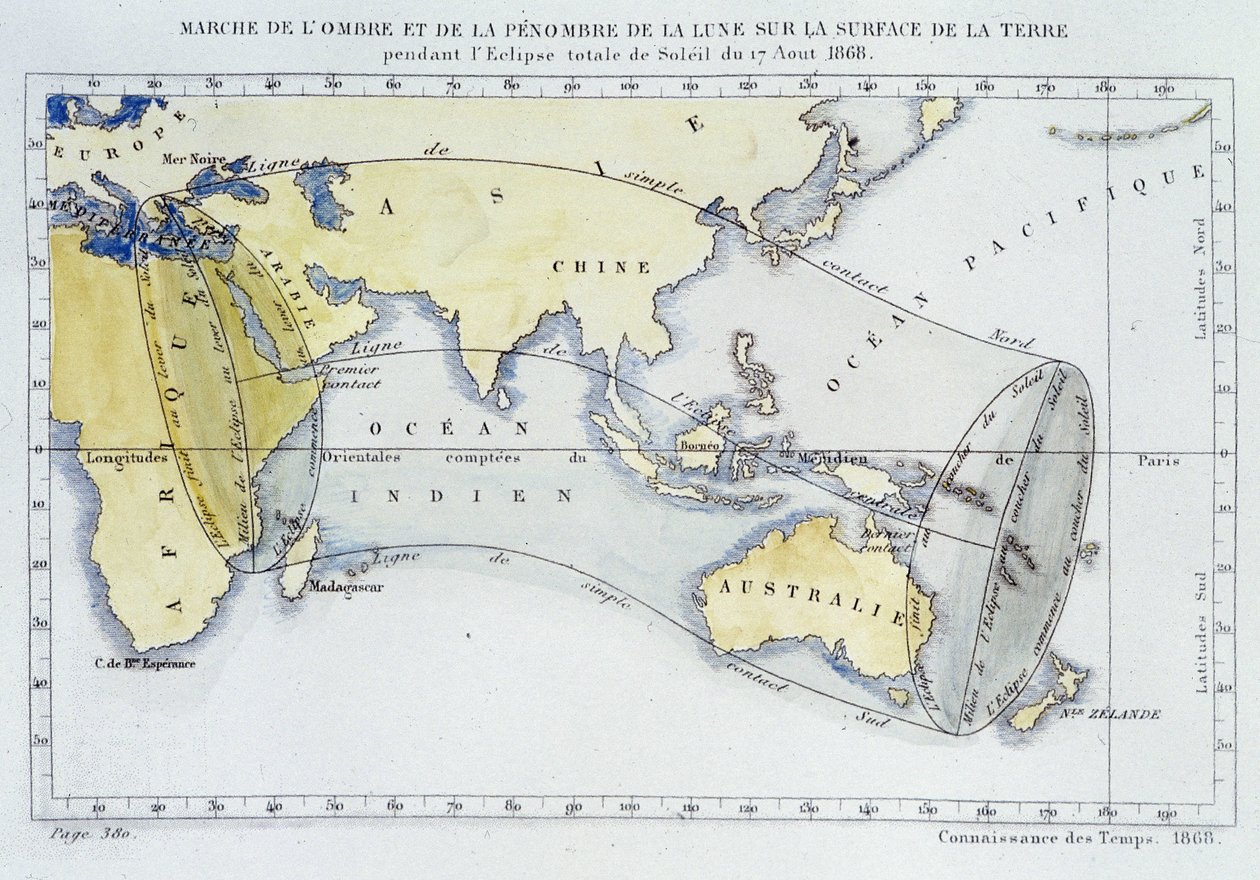 1868年の日食時に月の影と暗さが地表にどのように現れたかを示す経度局発行の地図 作： 無名の画家