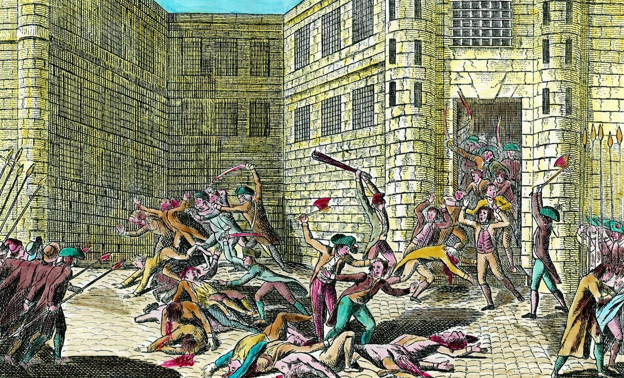 1792年9月、サンジェルマン修道院の囚人たちが民衆に虐殺される。フランス革命の風景。18世紀のエングレーヴィング。個人蔵。 作： 無名の画家