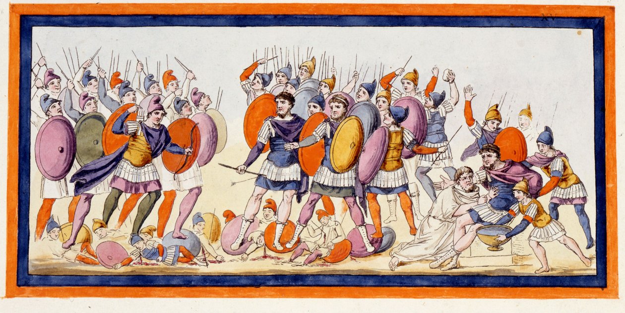 ギリシャの戦士メネラス（右）が、トロイア人の味方の矢で負傷したところ。イリアス』第4曲。18世紀末のエングレーヴィング。 作： 無名の画家