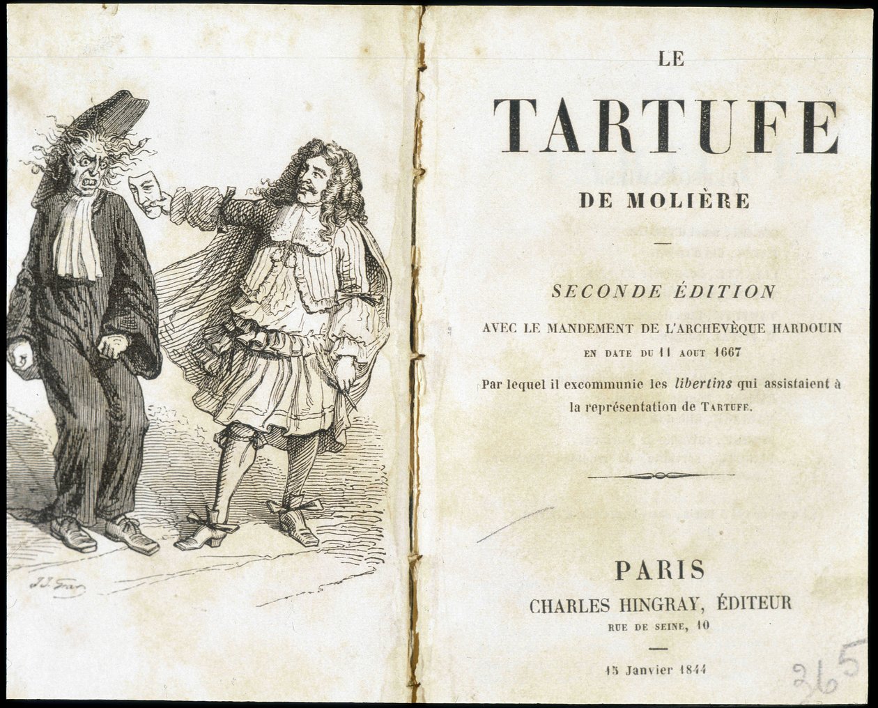 劇場用の仮面を使って教会の人を怖がらせるモリエール - Frontispice du "Tartuffe" (Tartufe) de Molière, ed. Hingray, Paris 作： 無名の画家