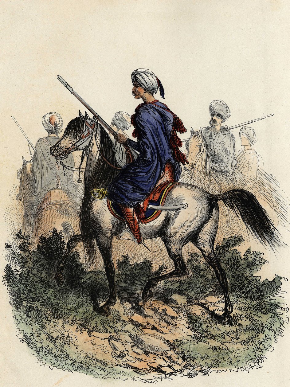 1831年に訓練されたアルジェの農村警察を担当するムーア人のジャンダルム（野戦軍人）。 作： 無名の画家