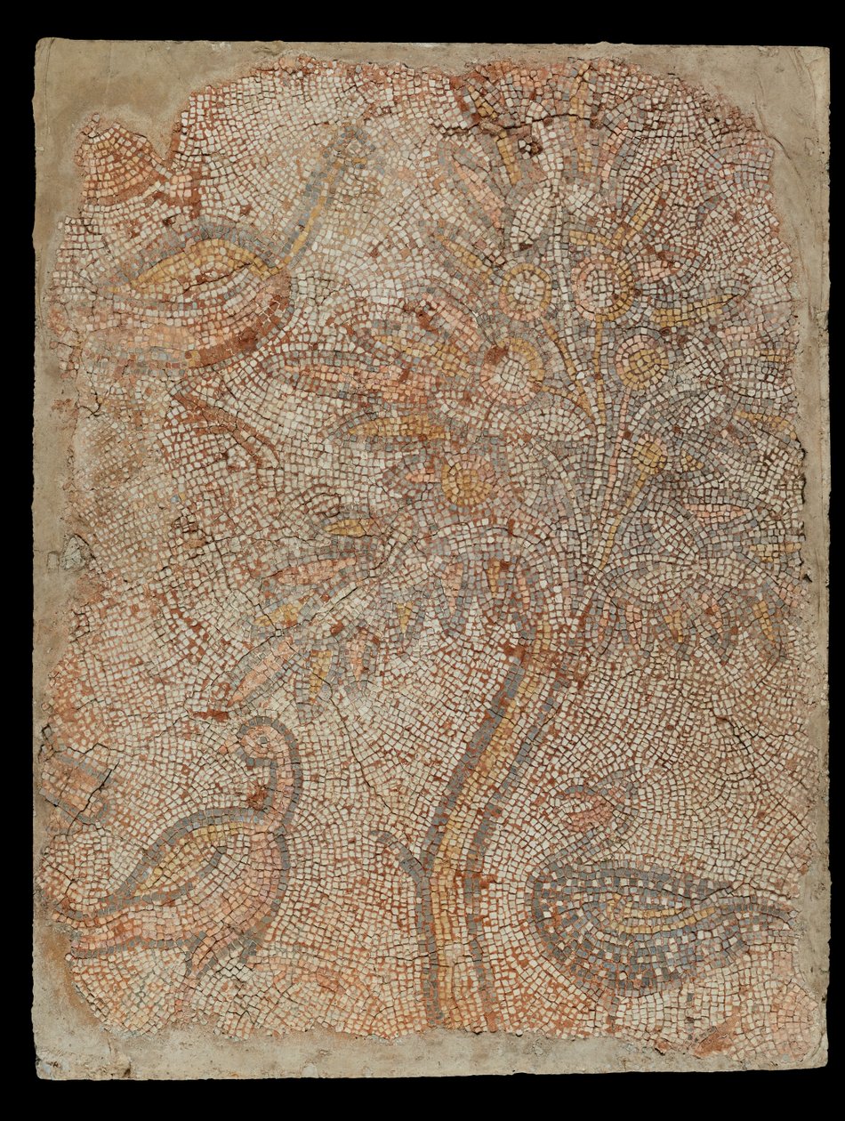三羽の鳥と樹木のモザイク断片 作： 無名の画家