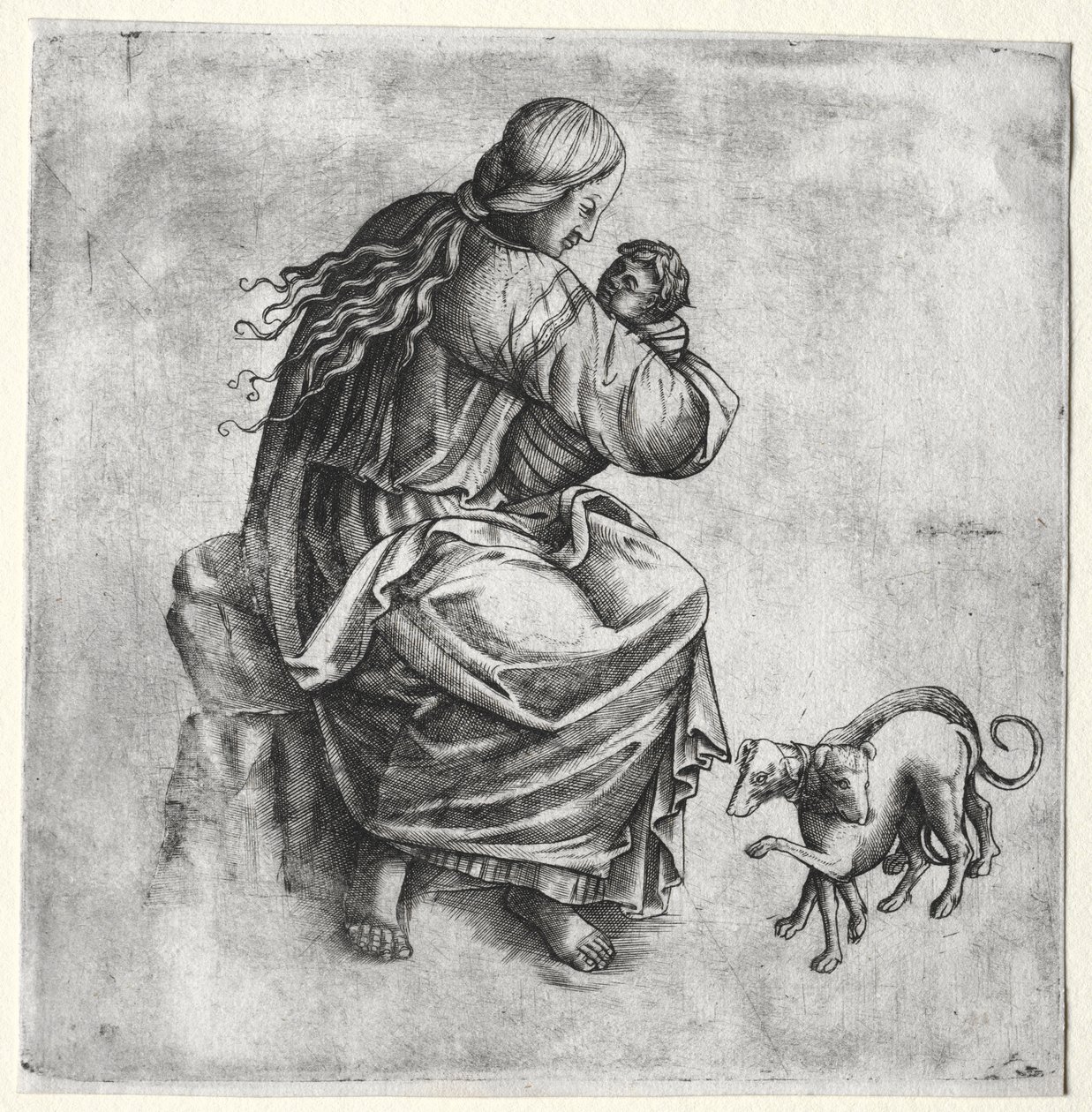 母と子と 2 匹の犬 作： 無名の画家