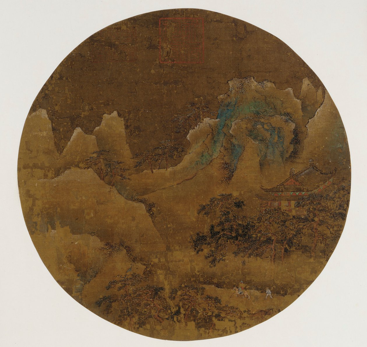 山の風景: 岩山、寺院、松 作： 無名の画家