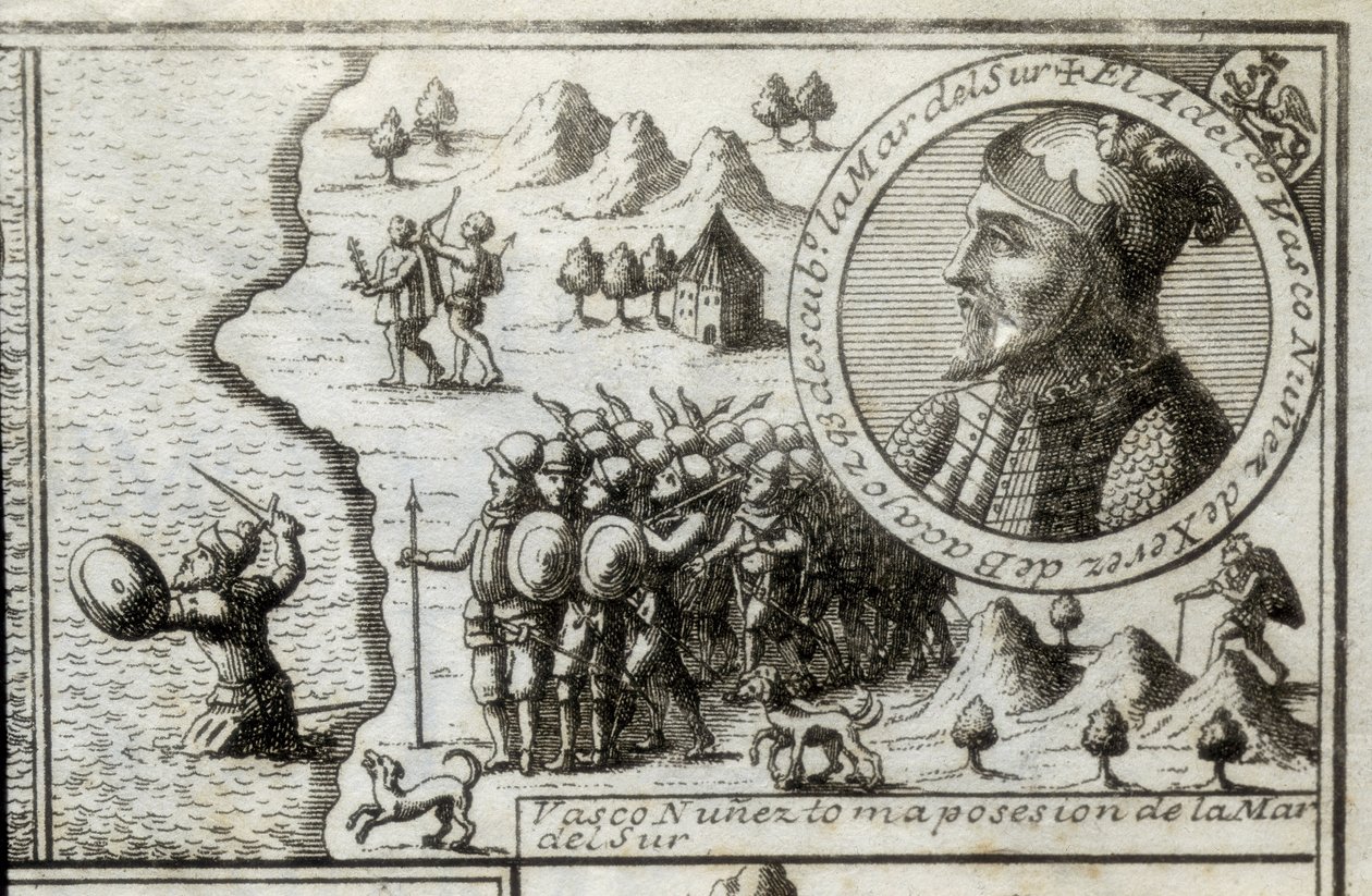 NUNEZ DE BALBOA, Vasco (1475-1517).イギリスの発見者、征服者。スペイン。スペインの植民地化（1513年）。南海を占領するバスコ・ヌニェス。1728年の絵。エングレーヴィング。 作： 無名の画家