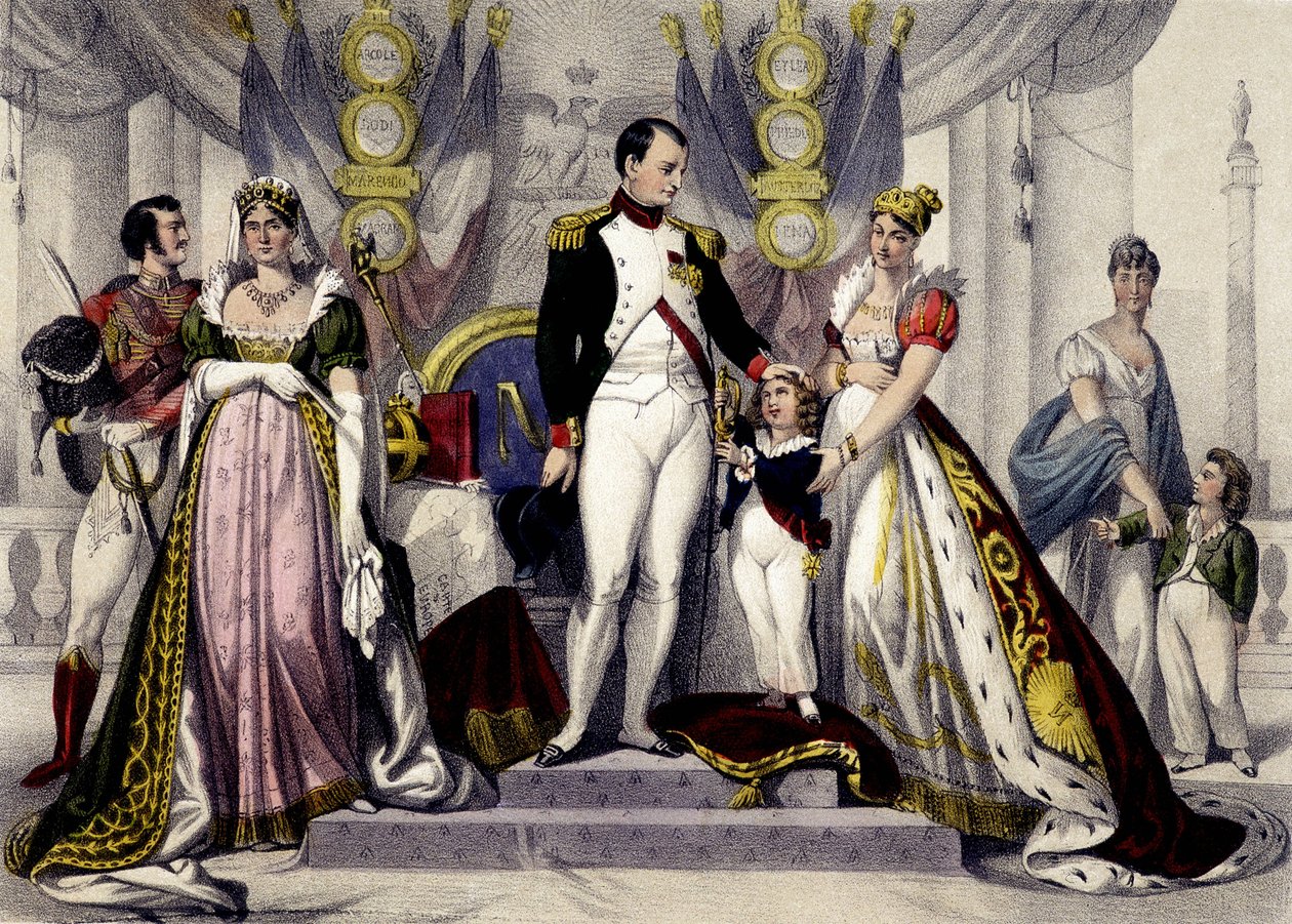 1804年から1815年までのナポレオン王朝。ジョセフィーヌ、ナポレオン1世、ローマ王、マリー・ルイーズ。19世紀のエングレーヴィング。 作： 無名の画家