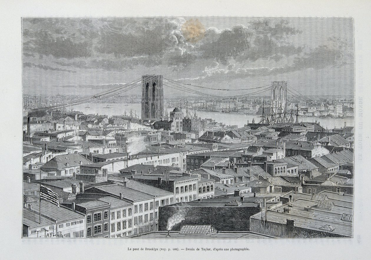 建設中のニューヨークとブルックリン橋 - 『世界旅行』第2学期所収1881 作： 無名の画家