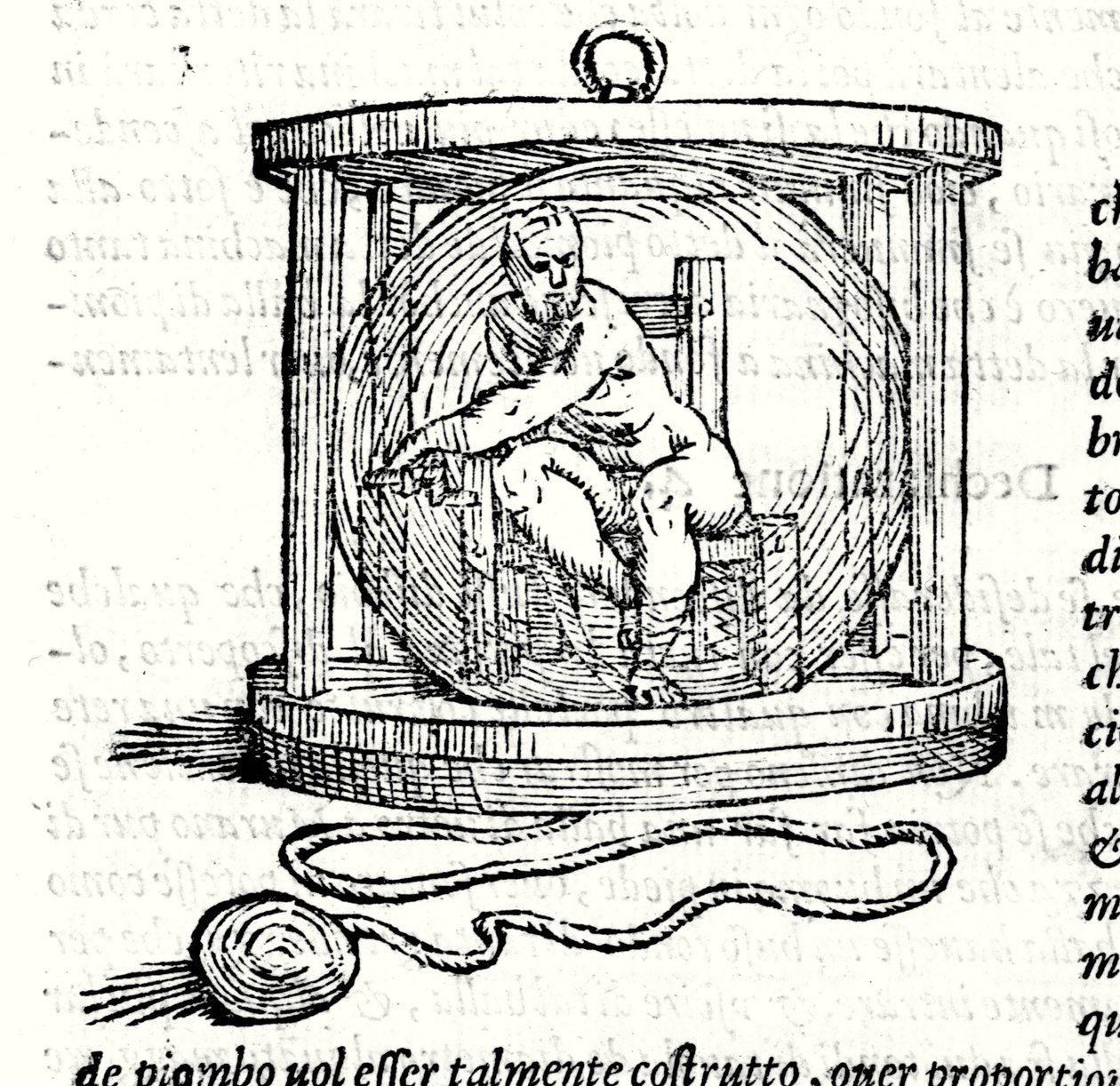 ニコリ・フォンタナの2つ目のスーツ「Tartaglia」（1499～1557年）。このスーツにはクリスタルの球体があり、ダイバーはその中に身を隠すことができます。16世紀のエングレーヴィング。 作： 無名の画家