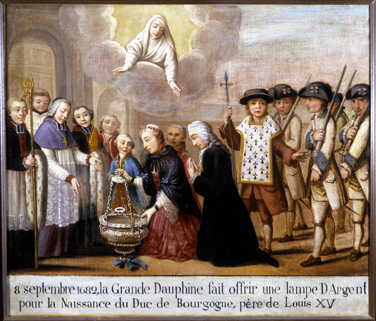 1682 年 9 月 8 日、偉大なイルカはブルゴーニュ公 (ルイ・ド・フランス) の誕生に銀のランプを提供しました。 作： 無名の画家