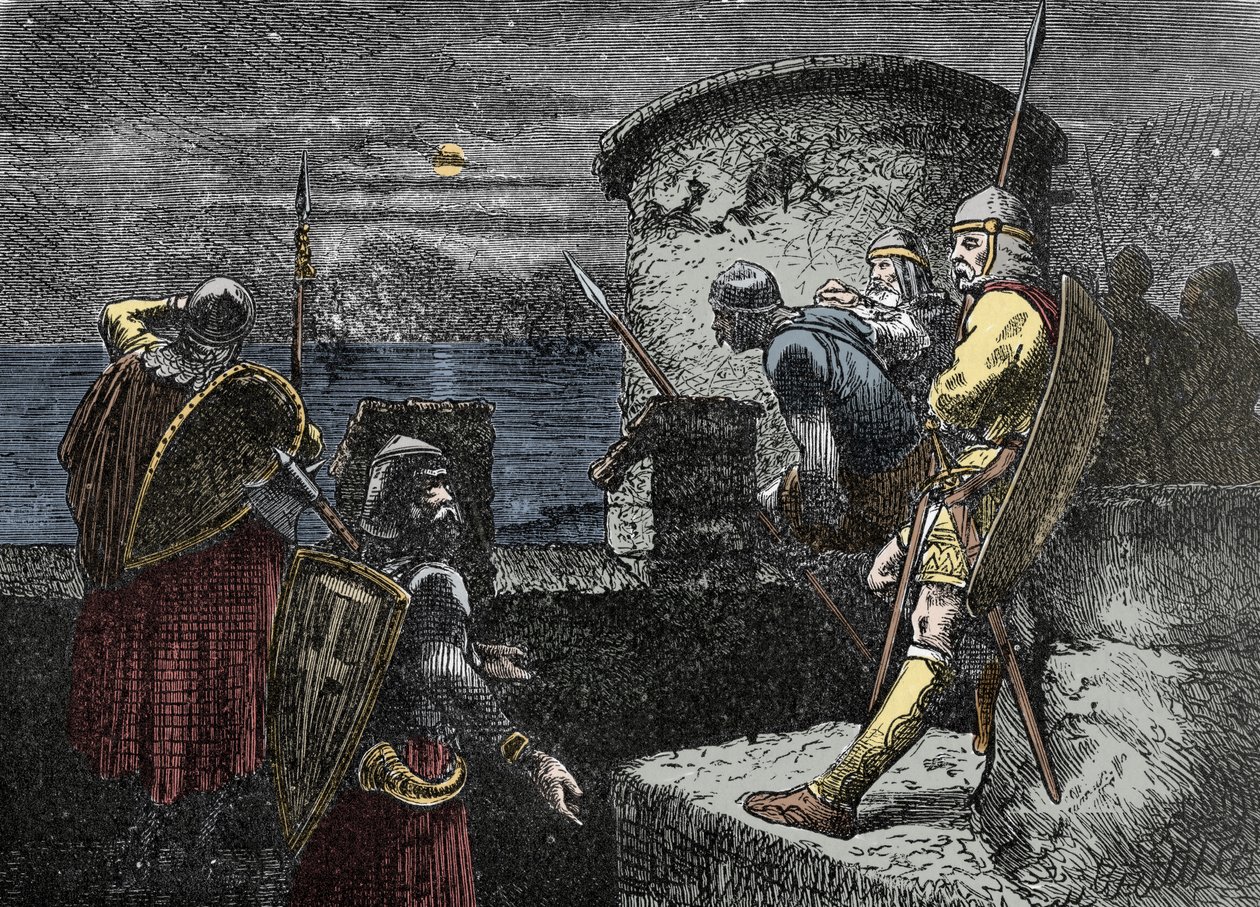 北人を警戒して-要塞の背後にある地平線を観察するヴァレグ・ガード（Varangian) 作： 無名の画家