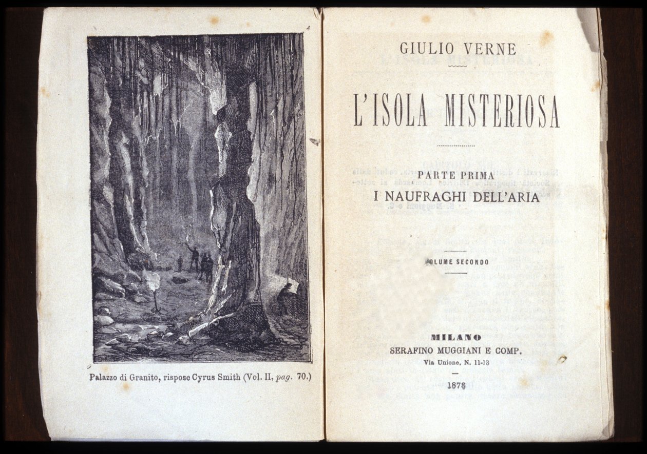ジュール・ヴェルヌの「不思議な島」のイタリア版のページ。1878.ミラノ。 作： 無名の画家