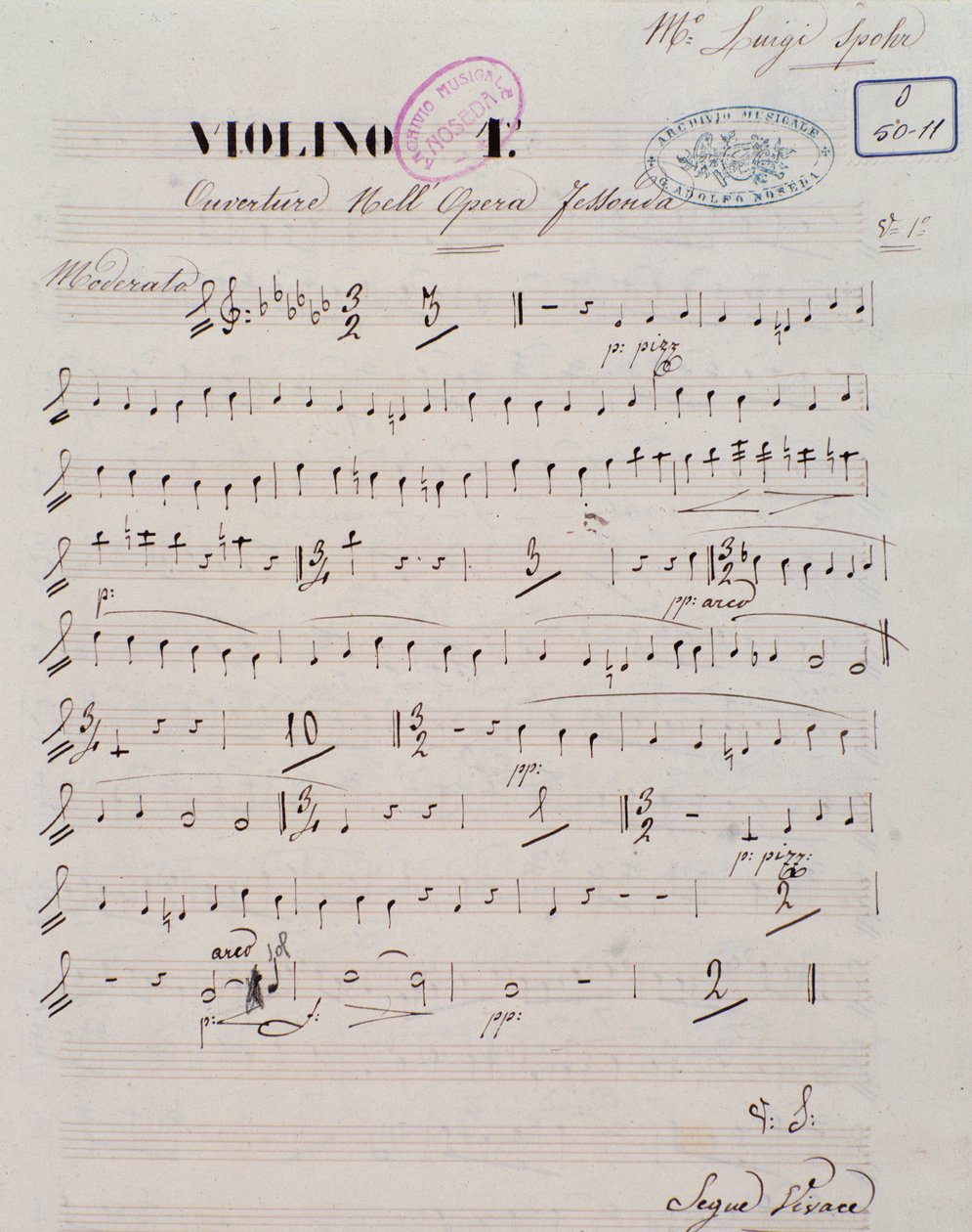 ルイ・スポールのオペラ「ジェソンダ」序曲の第一ヴァイオリンの譜面のページ。 作： 無名の画家