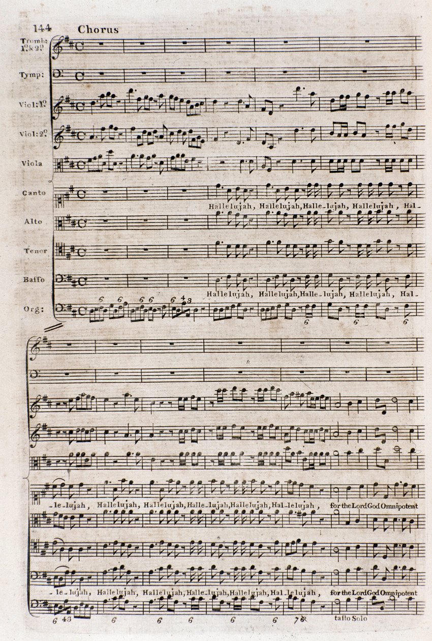 イギリスに帰化したドイツ人作曲家ジョージ・フレデリック・ヘンデル（Georg Friedrich Handel）の「The messiah」（救世主）の合唱曲「ハレルヤ」の楽譜のページ 作： 無名の画家