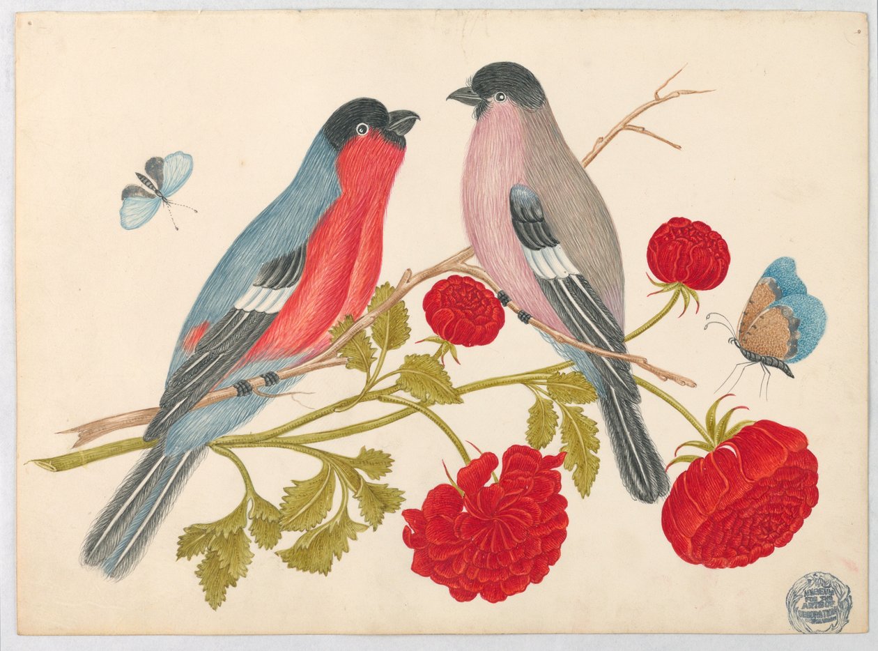 バラと蝶と枝に鳥のペア 作： 無名の画家