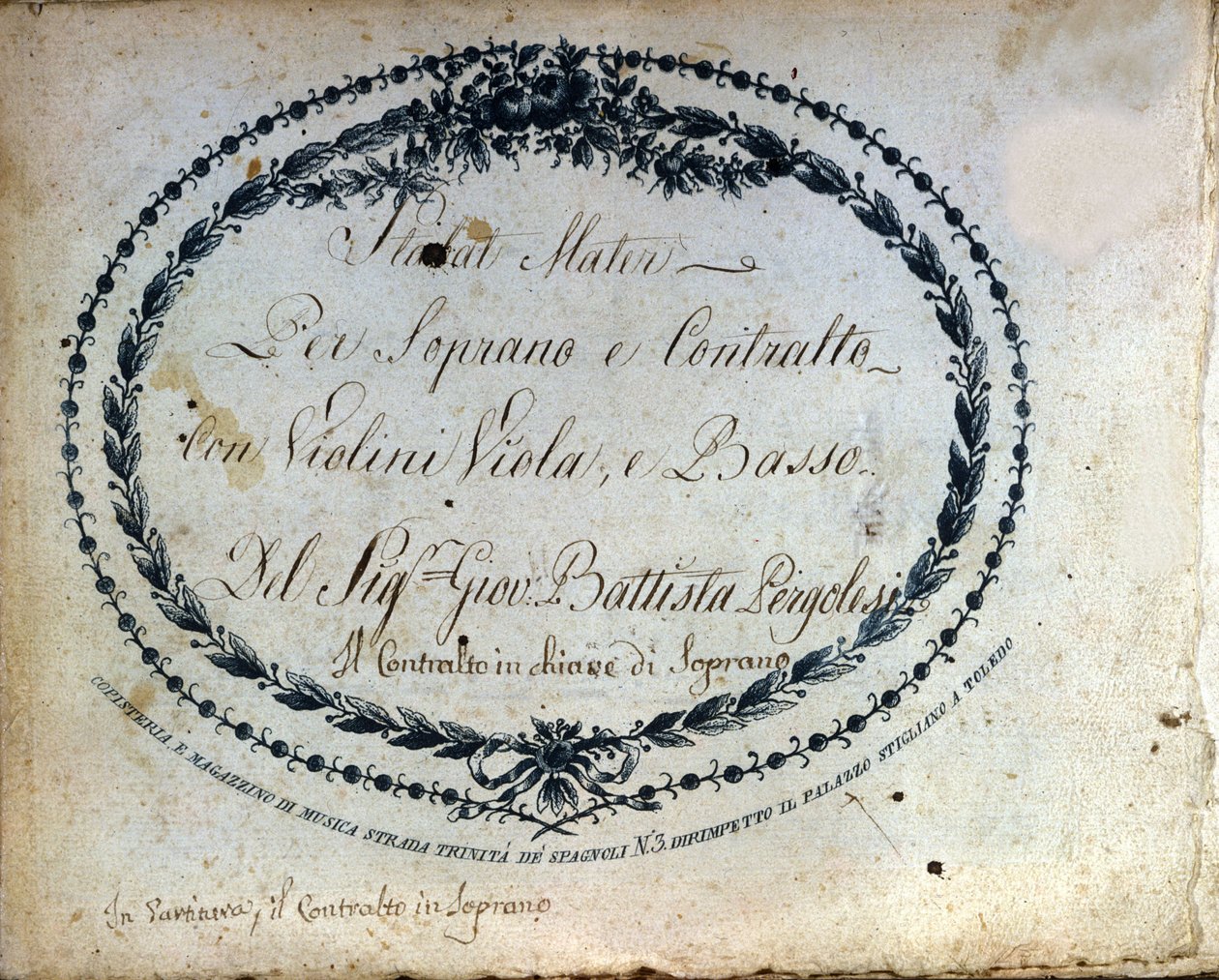 ジャン・バティスト・ペルゴレーゼ（Giovanni Battista Pergolesi, Jean-Baptiste）による《スターバト・マーテル》の分割版 1710年～1736年ソプラノ、アルトとヴァイオリン、ヴィオラ、バスのための「スタバト・マーテル」です。 作： 無名の画家