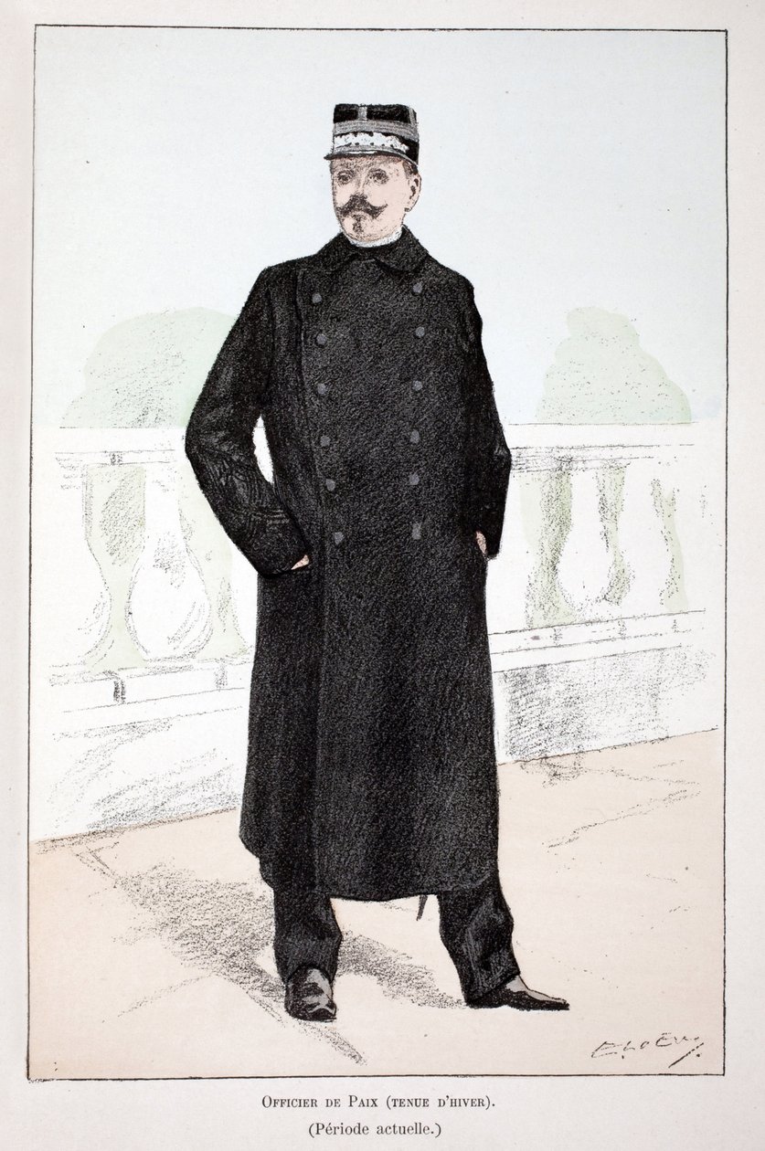 ピースオフィサー、冬服（Lepine期）。アルフレッド・レイ(1864-?)とルーがセーヌ川警部のルイ・ルピーヌ(1846-1933)の後援で出版した本「平和の戦士たちの歴史」の挿絵のためのカラー・エッチング。 作： 無名の画家