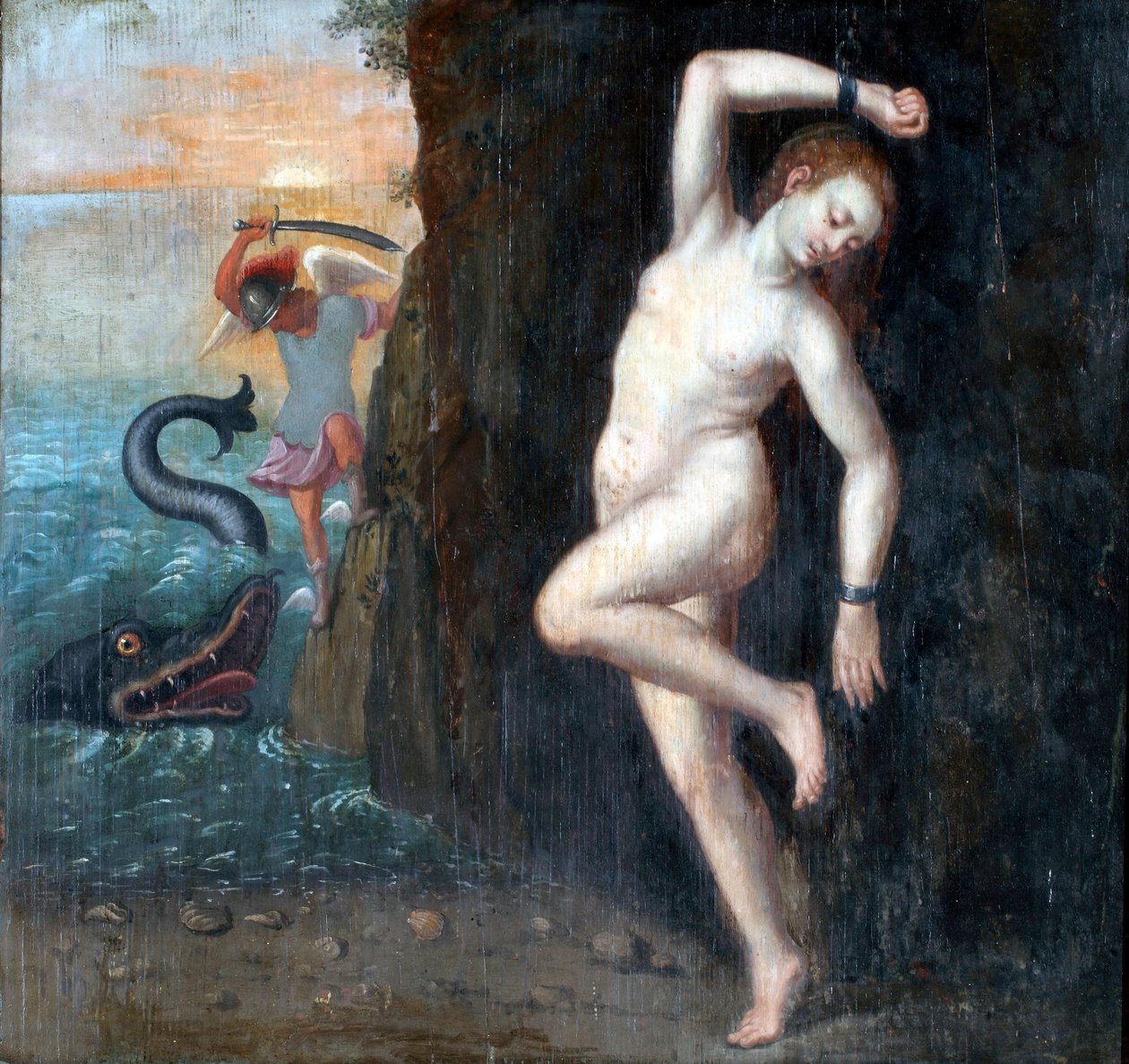 Persee et Andromede - Perseus and Andromeda par Anonymous, ca 1600 - 木に油彩, 62x65,4 - Ptuj Ormo_ Regional Museum 作： 無名の画家