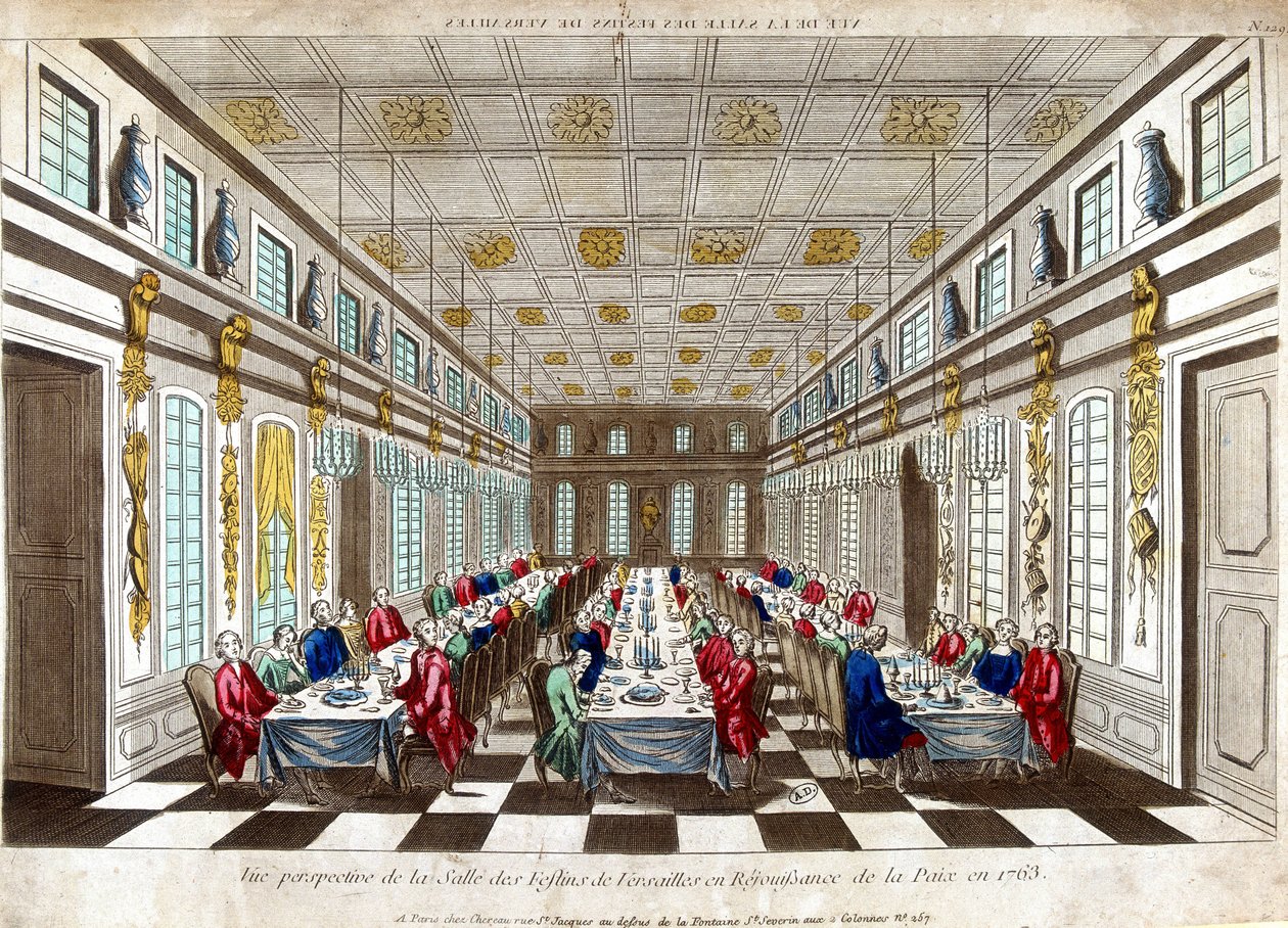 1763年、イギリス、フランス、スペインの和平を祝って行われたヴェルサイユ宮殿の祝祭の間の透視図。 作： 無名の画家