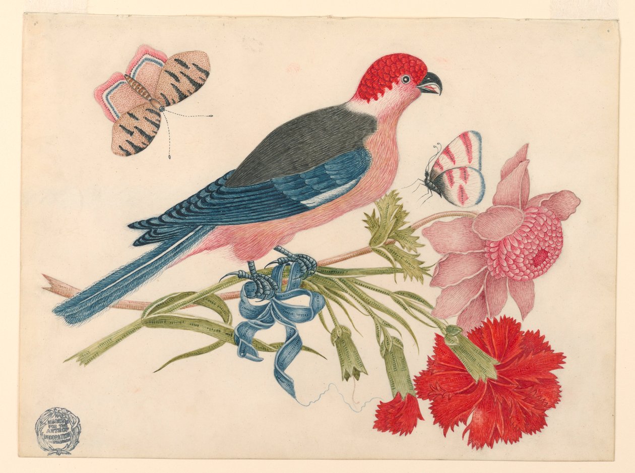 花と蝶と枝にピンク、赤、青、および黒の鳥 作： 無名の画家